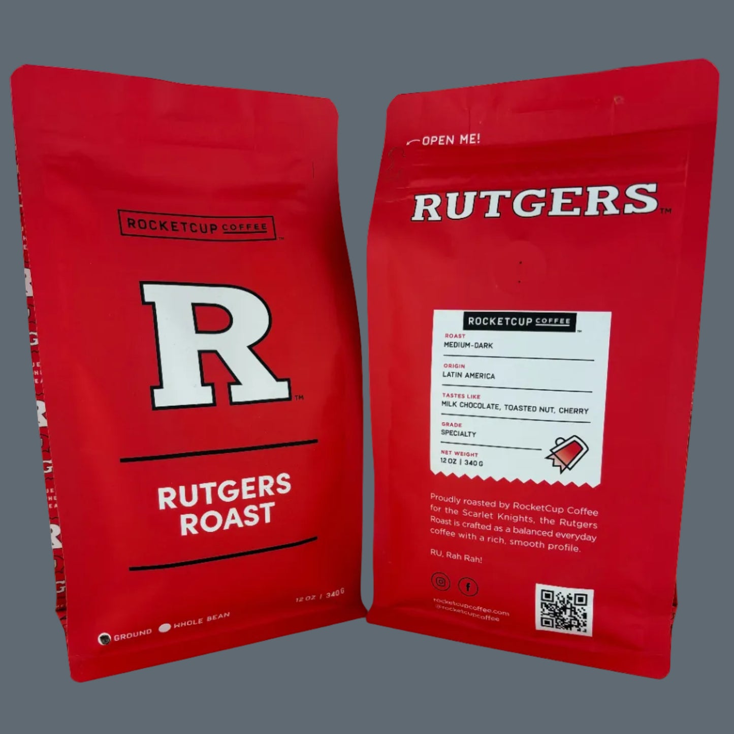 Two red coffee bags labeled 'Rutgers Roast' on a gray background